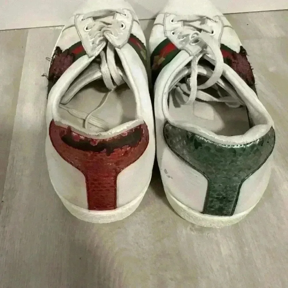 Gucci Ace Sneakers Mens 8 White Leather Crystal Lightning Bolt Web Stripe 433738